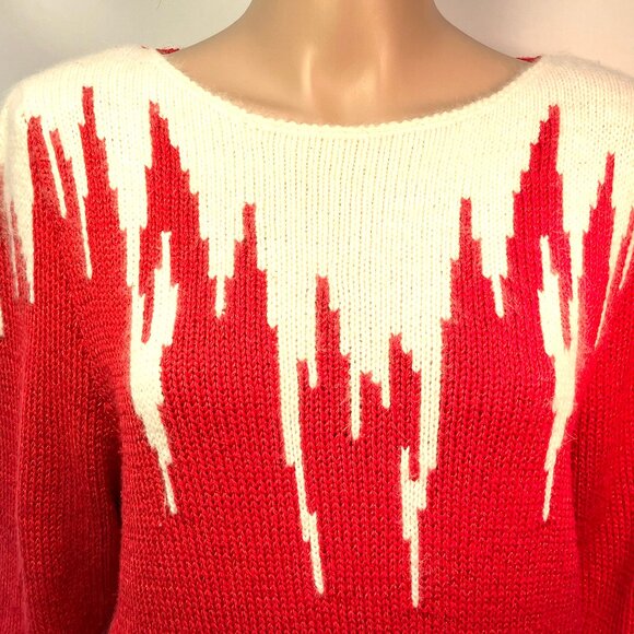 Vintage Christmas Sweater, 90s ANGENIE red with white icicles, Angora, BEAUTIFUL - Picture 2 of 5
